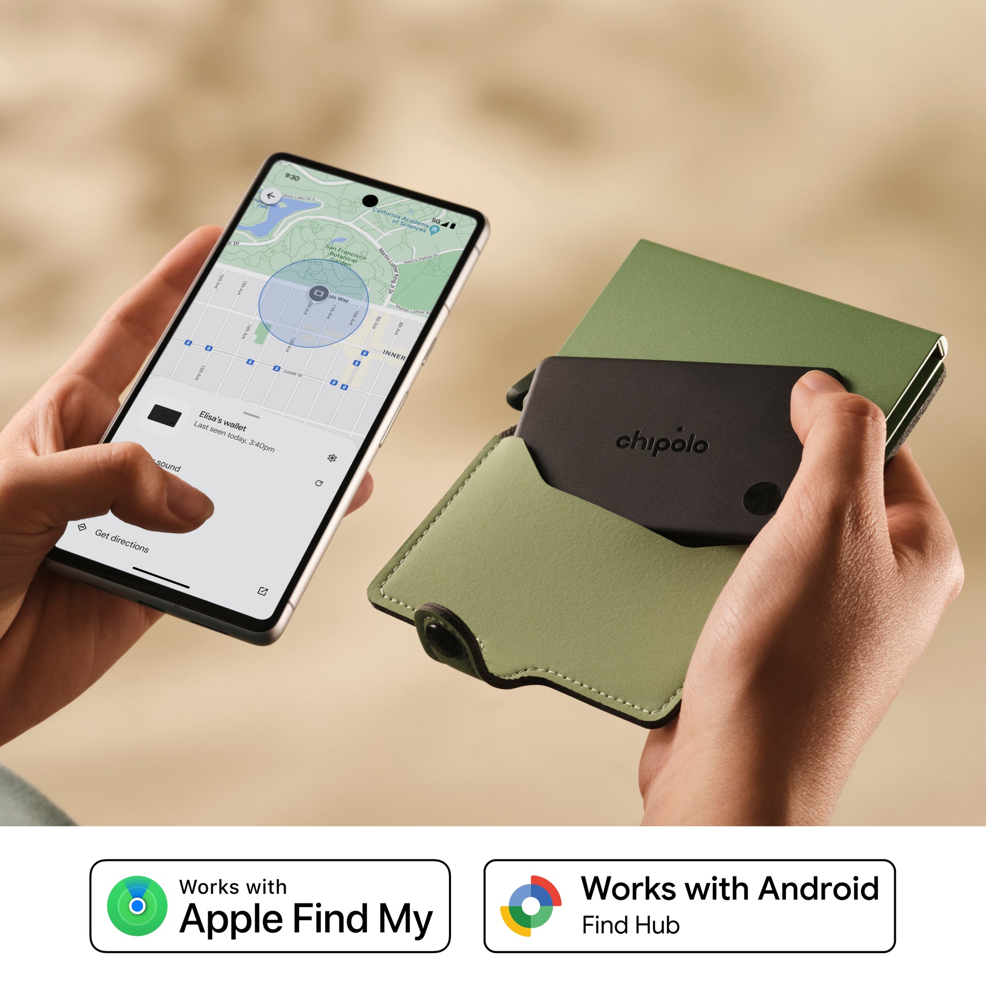Smartphone with app interface and green case held by hands on a beige background