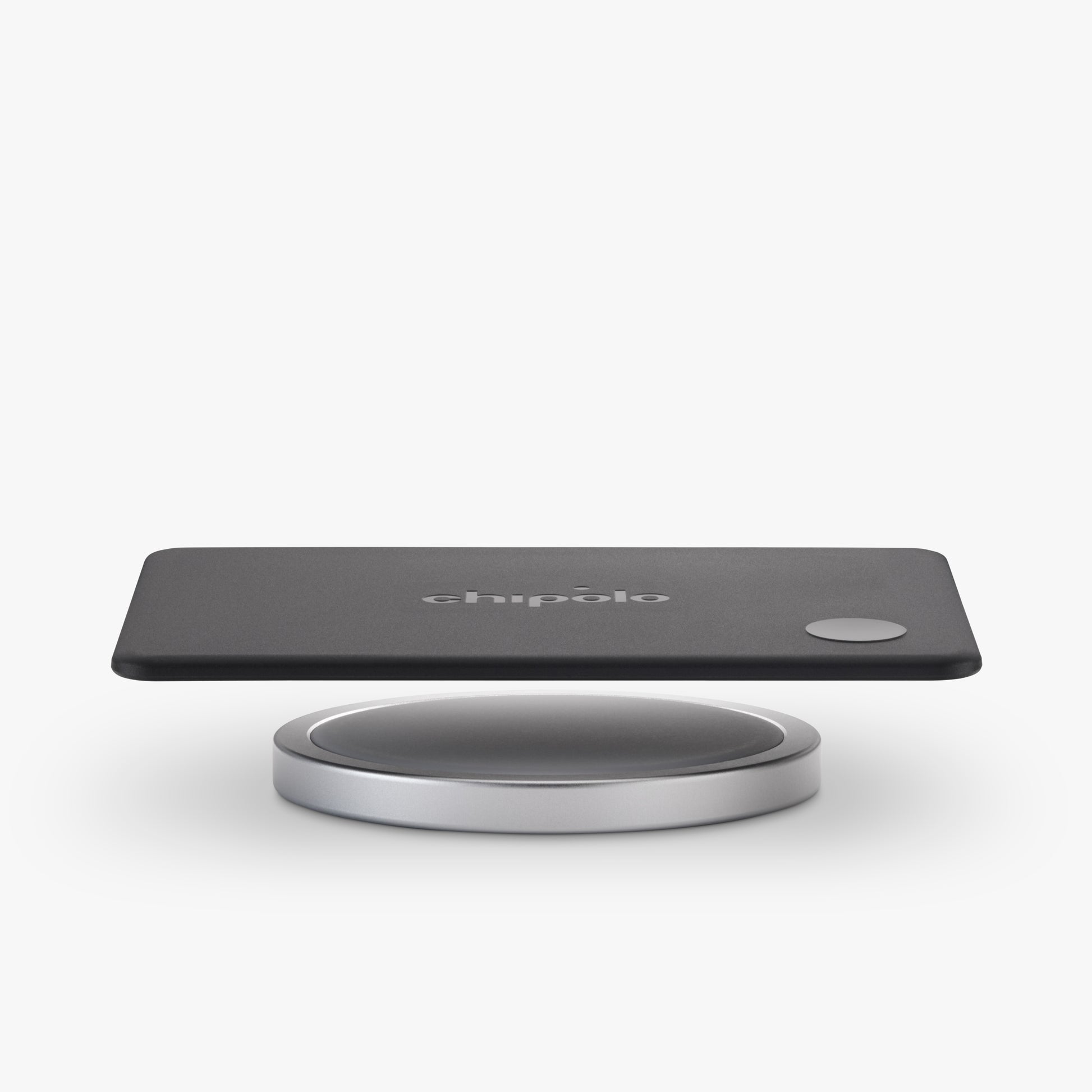 Black and silver Chipolo device on a white background