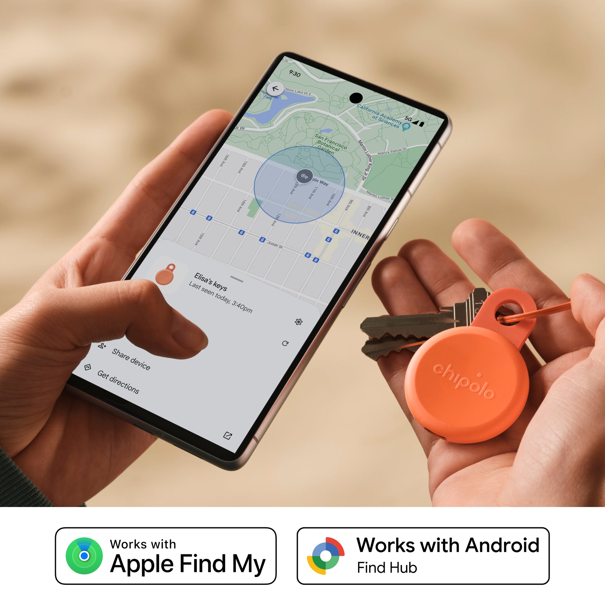 Person holding a phone with a mapping app and a Chipolo tracker on a keychain.