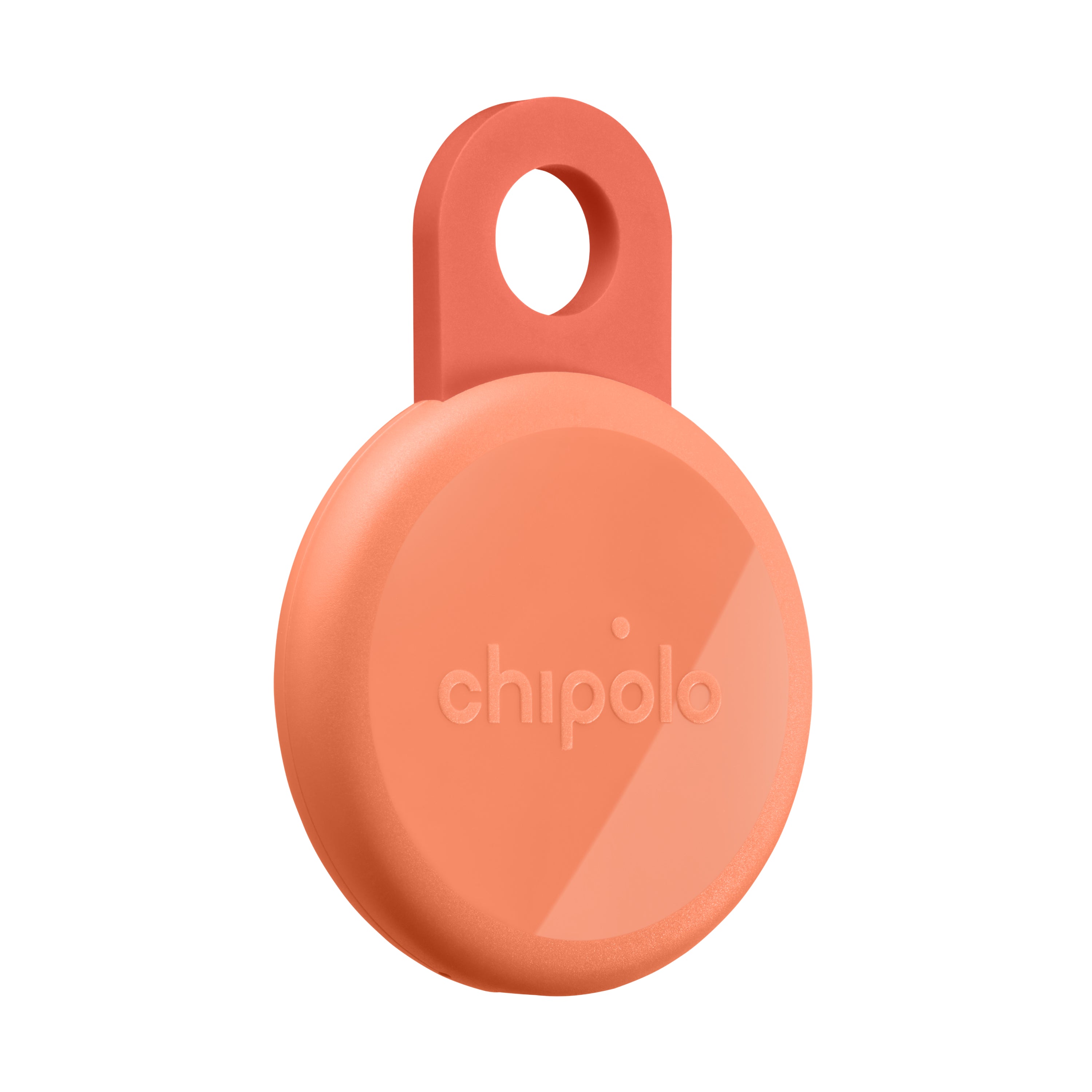 Peach-colored Chipolo tracking device on a white background