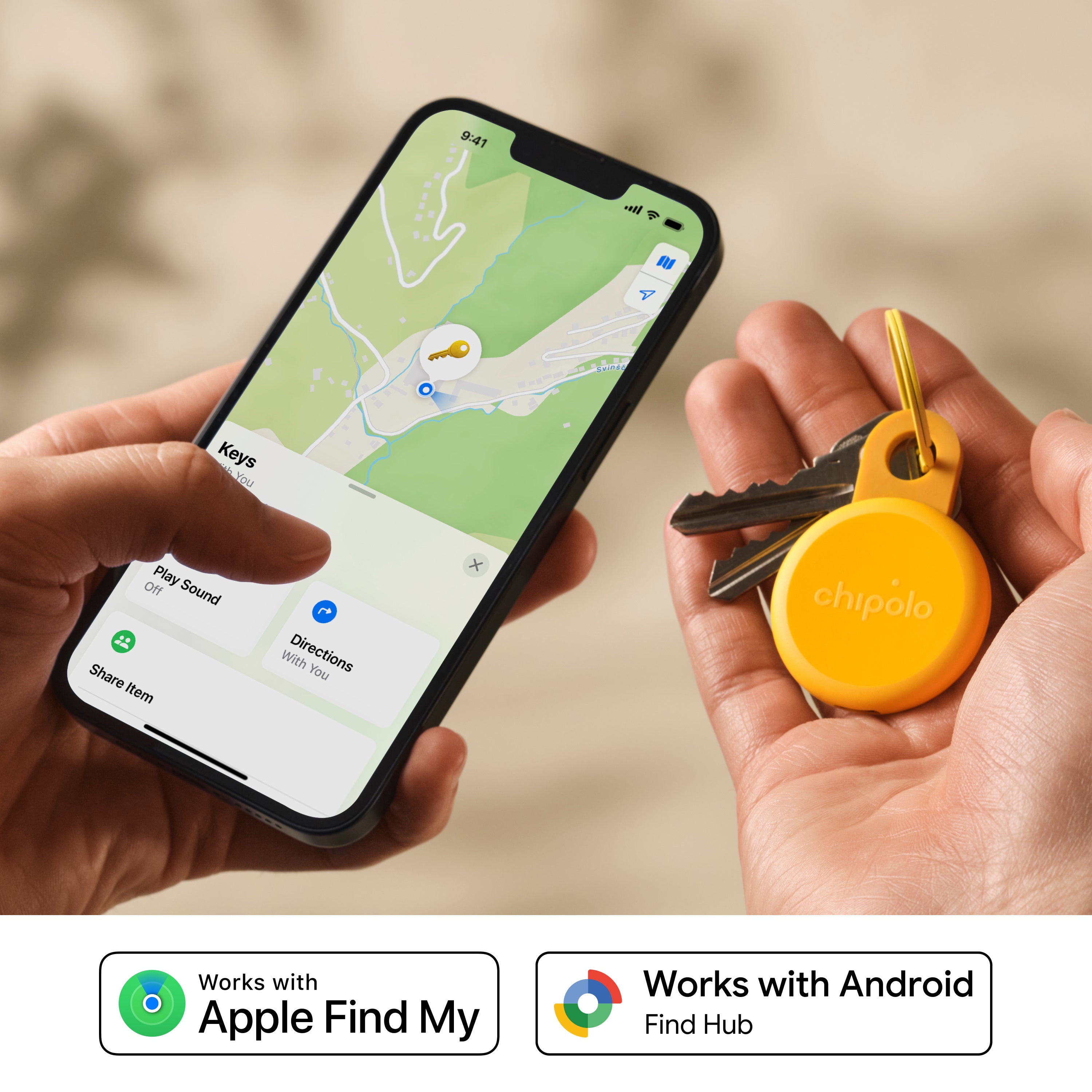 Person holding a smartphone with a mapping app and a Chipolo tracker on keys.
