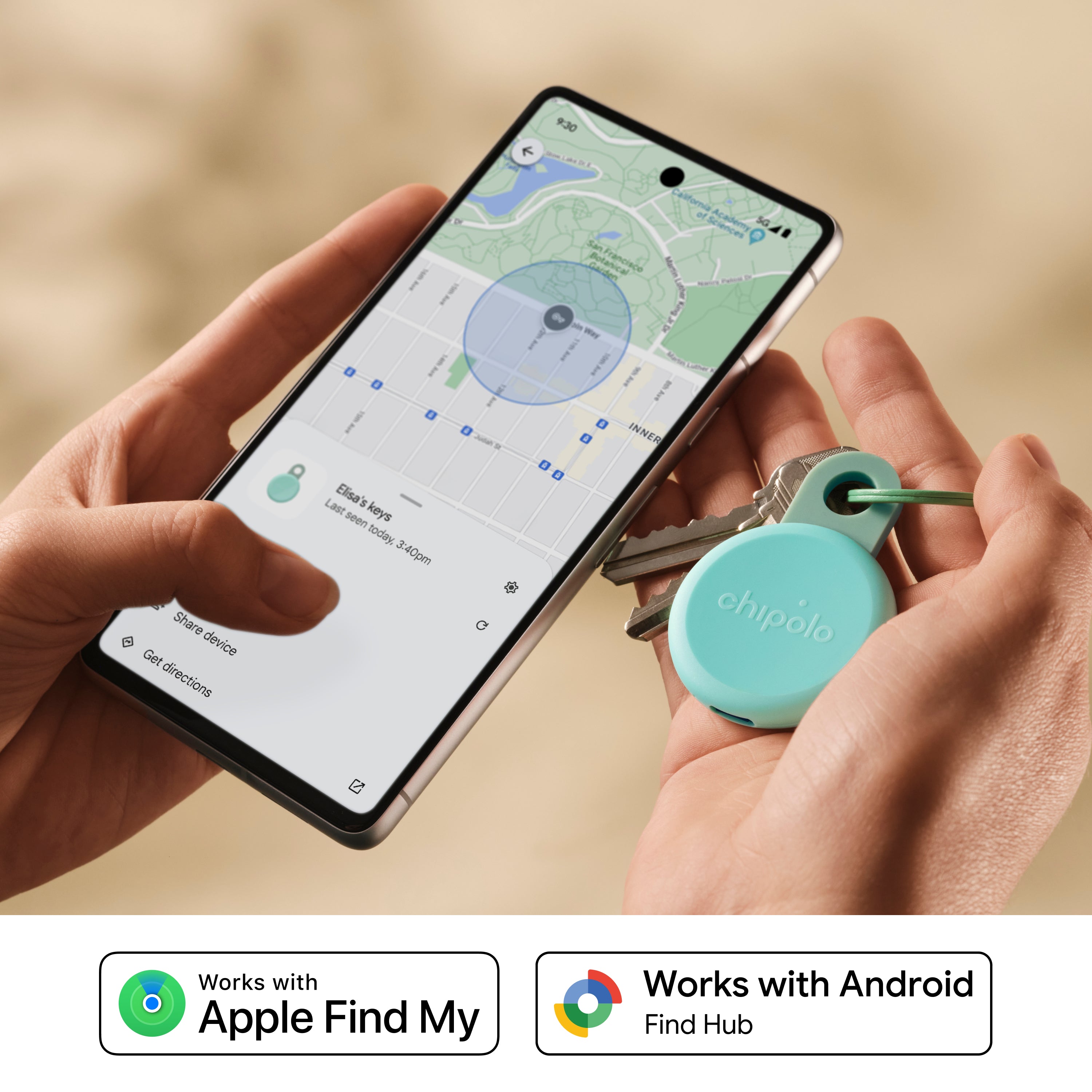 Person holding a phone with a map app and a Chipolo keychain tracker.