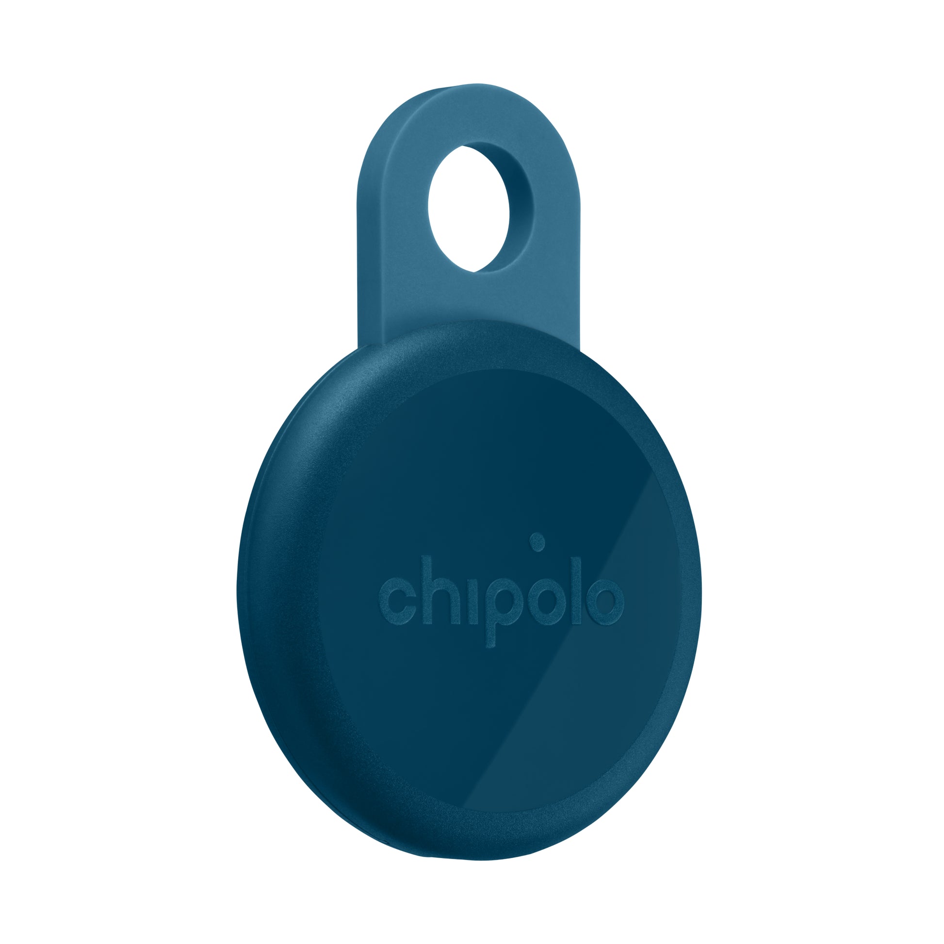 Blue Chipolo tracking device on a white background