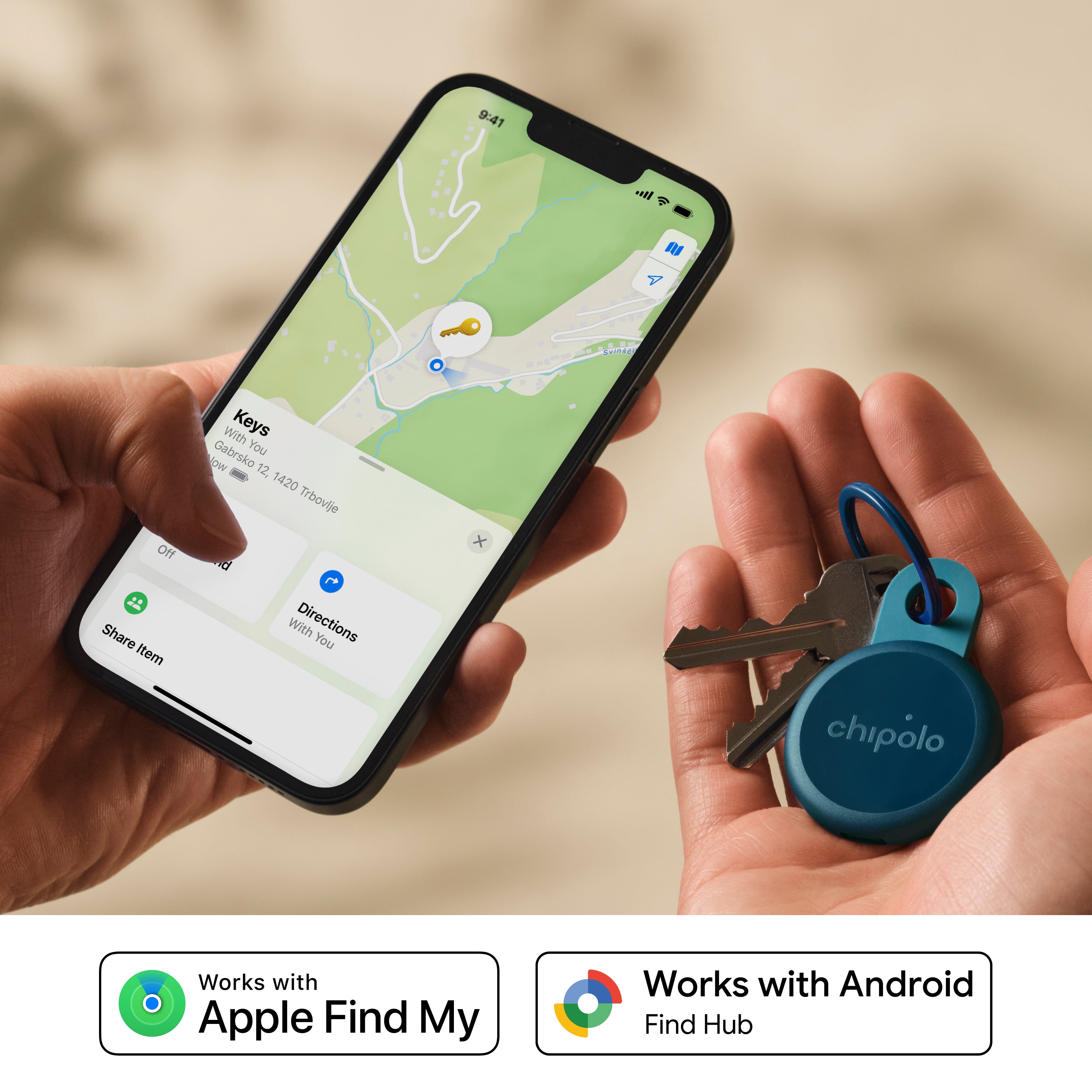 Person holding a phone with a map app and a keychain tracker labeled 'chipolo'.
