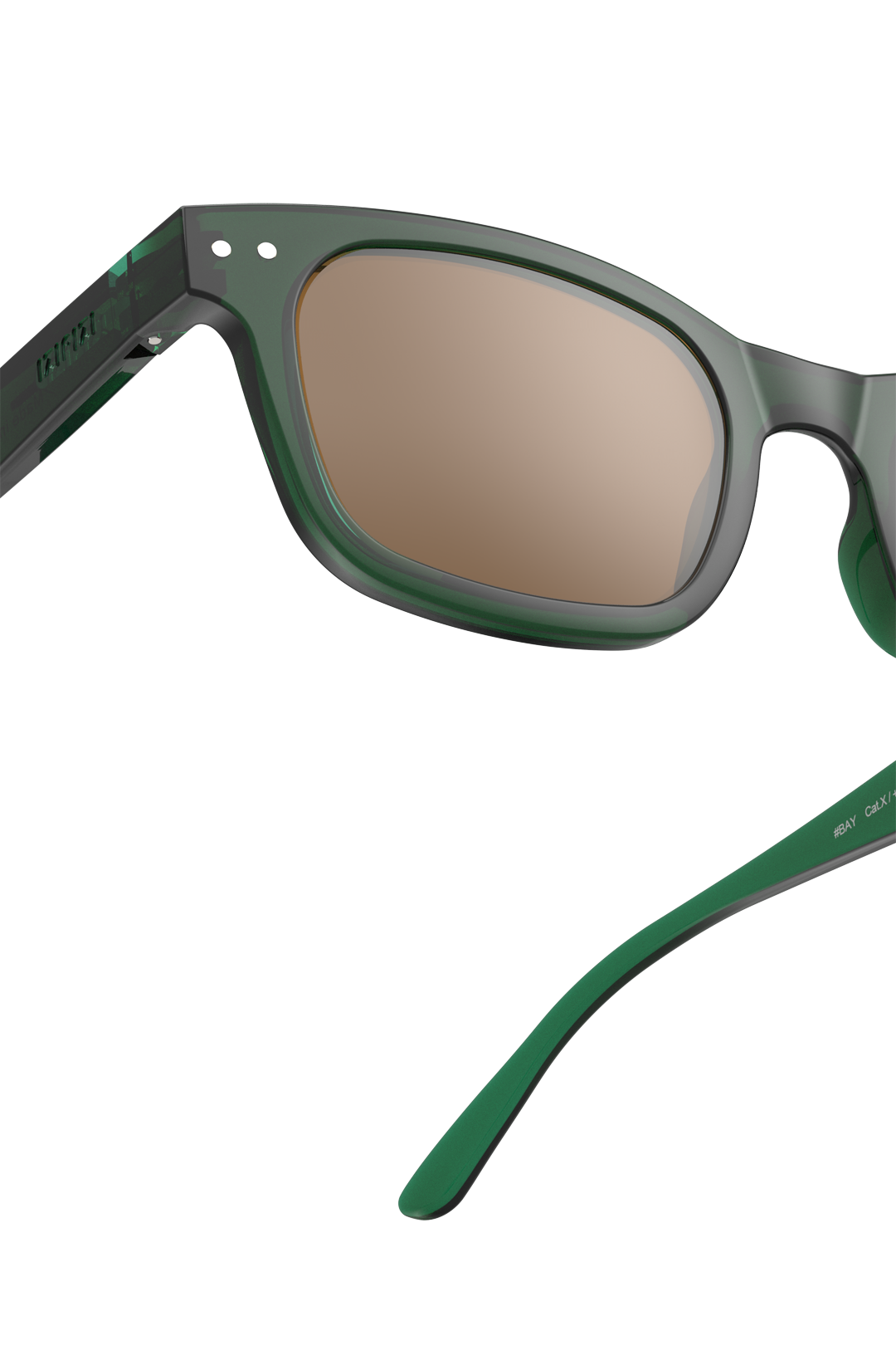 Close-up of sunglasses with a translucent dark green frame and brown-tinted lenses, shown on a plain white background.