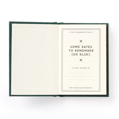 Open book with a humorous insurance policy text on a white background