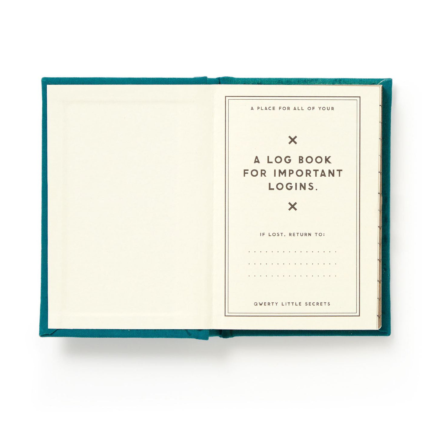 Open notebook with teal cover and white interior page displaying text and a logo.