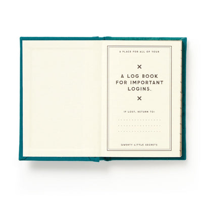 Open notebook with teal cover and white interior page displaying text and a logo.