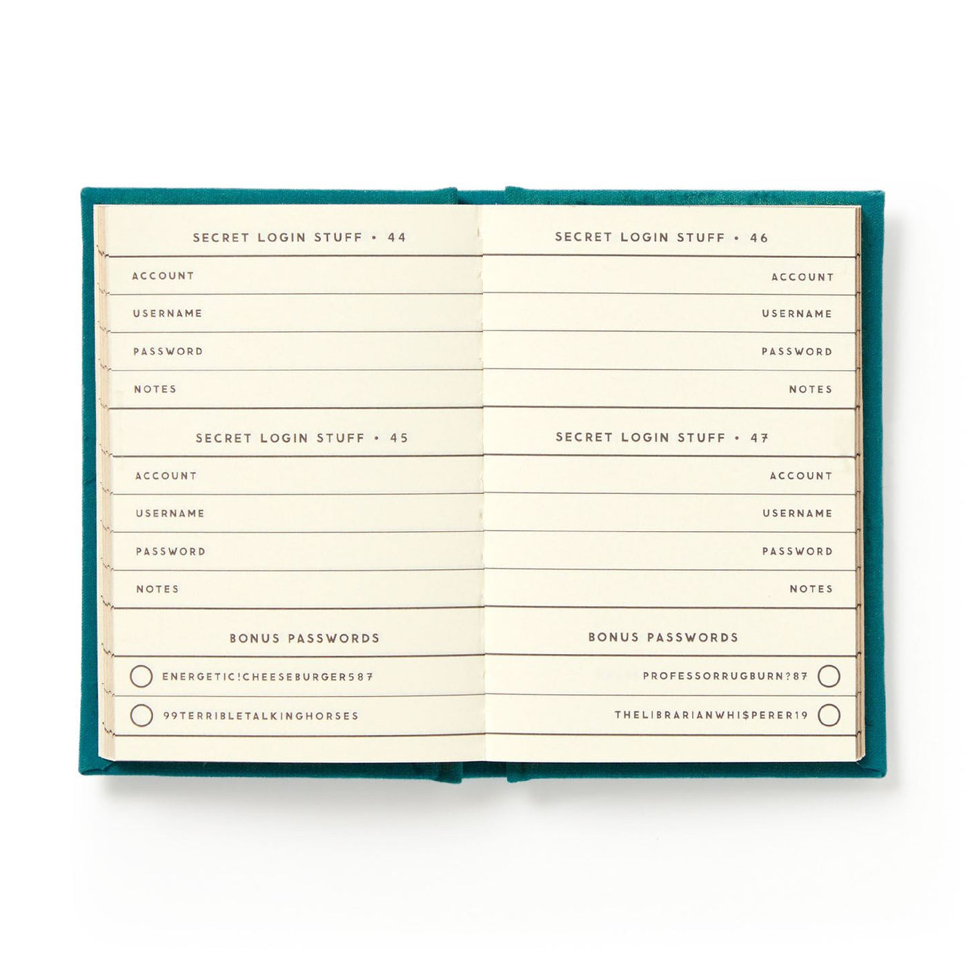Password manager book with cream pages and teal binding on a white background