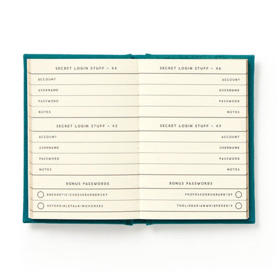 Password manager book with cream pages and teal binding on a white background