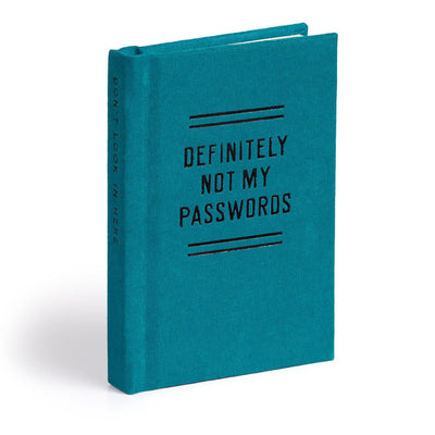 Teal notebook with 'DEFINITELY NOT MY PASSWORDS' text on a white background