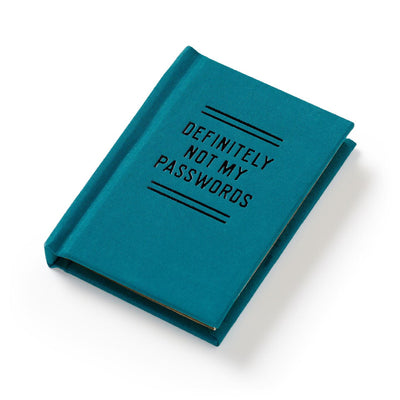 Teal notebook with 'DEFINITELY NOT MY PASSWORDS' text on a white background
