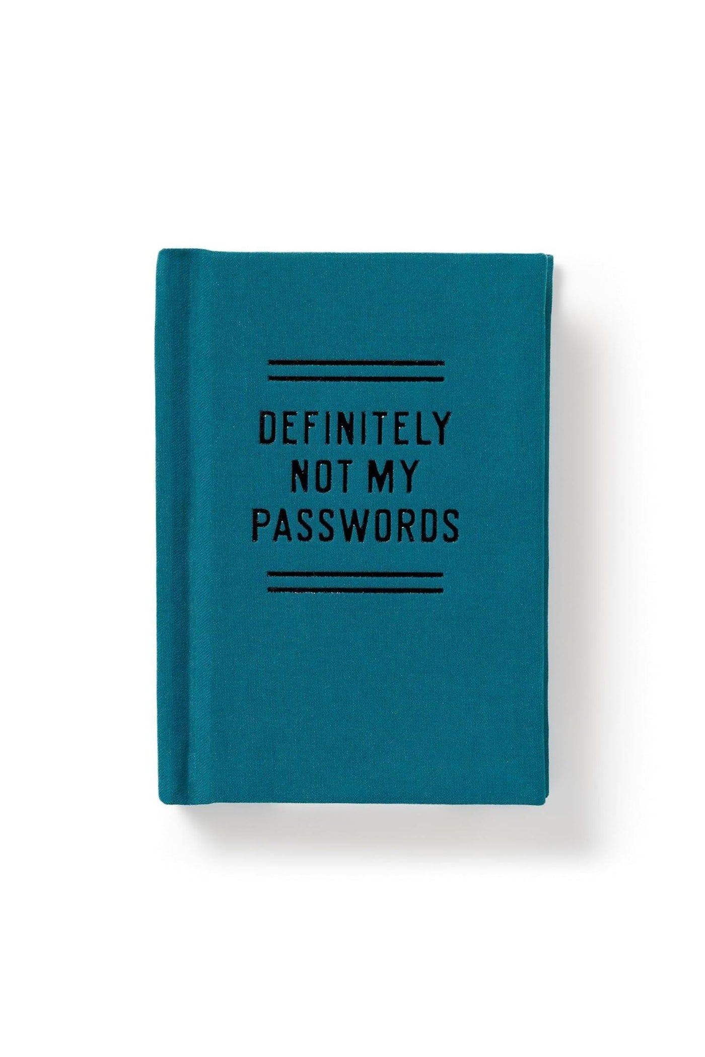 Teal notebook with 'DEFINITELY NOT MY PASSWORDS' text on a white background