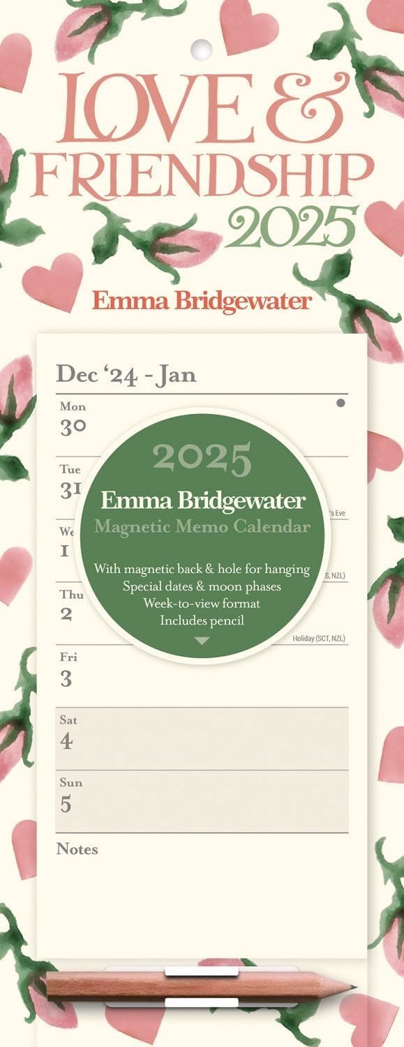 Emma Bridgewater Hearts and Roses Magnetic Slim Calendar 2025-Books-Ohh! By Gum - Shop Sustainable