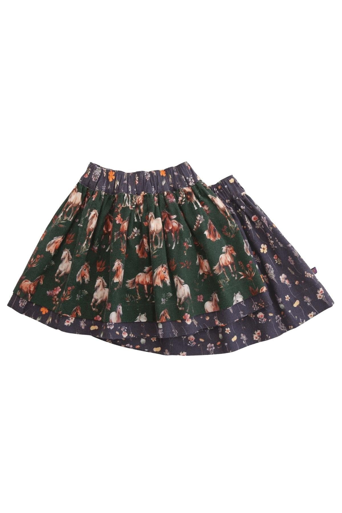 Enfant Terrible Reversible Skirt with Horse/Wildflower Print in Dark Green-Plum