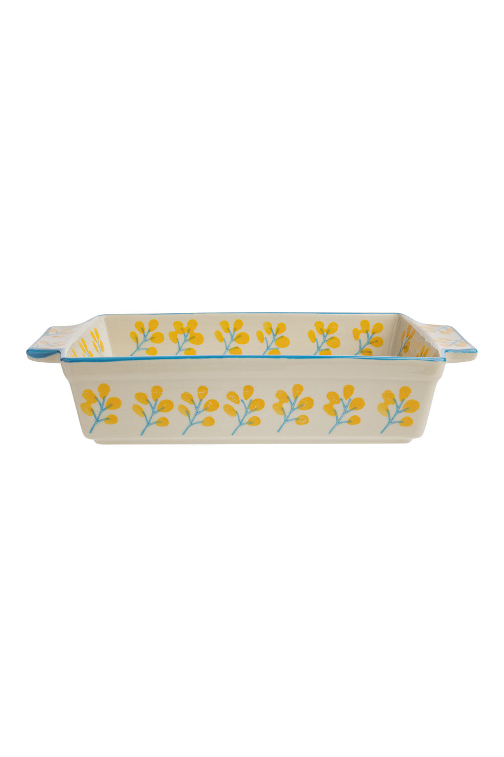 Floral cake tin with yellow flowers on a white background