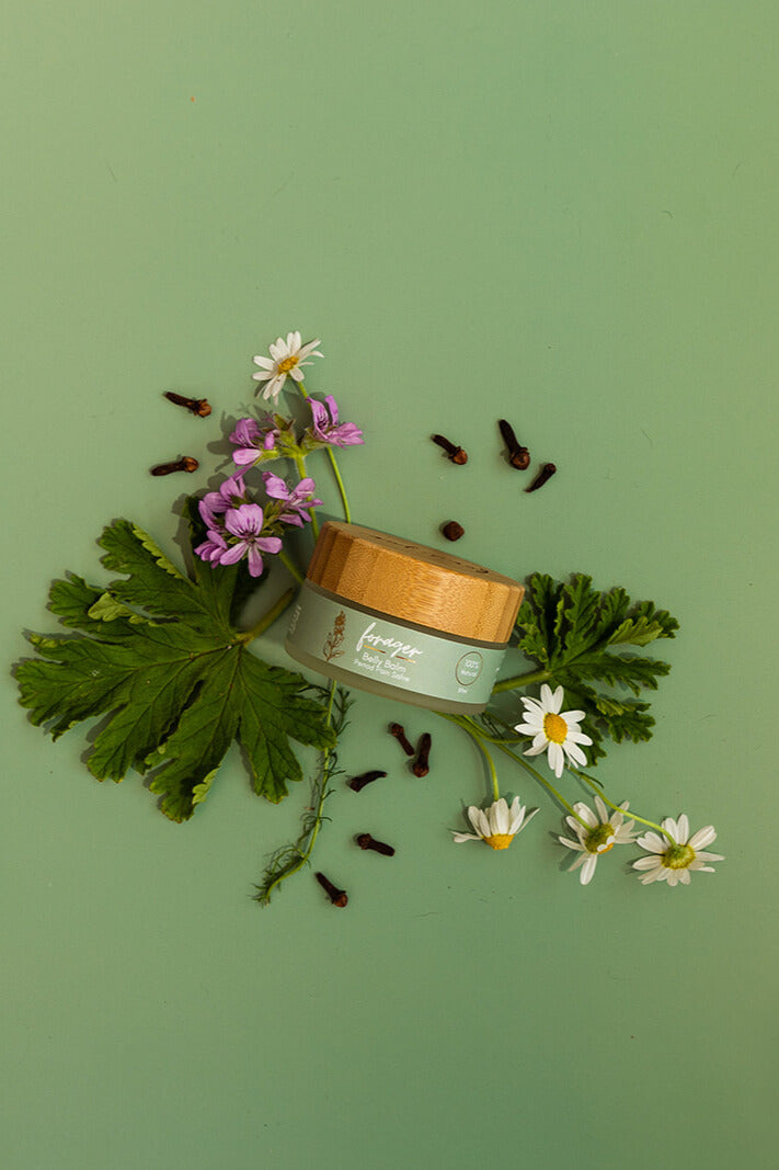 Cosmetic jar with wooden lid surrounded by green leaves and flowers on a green background