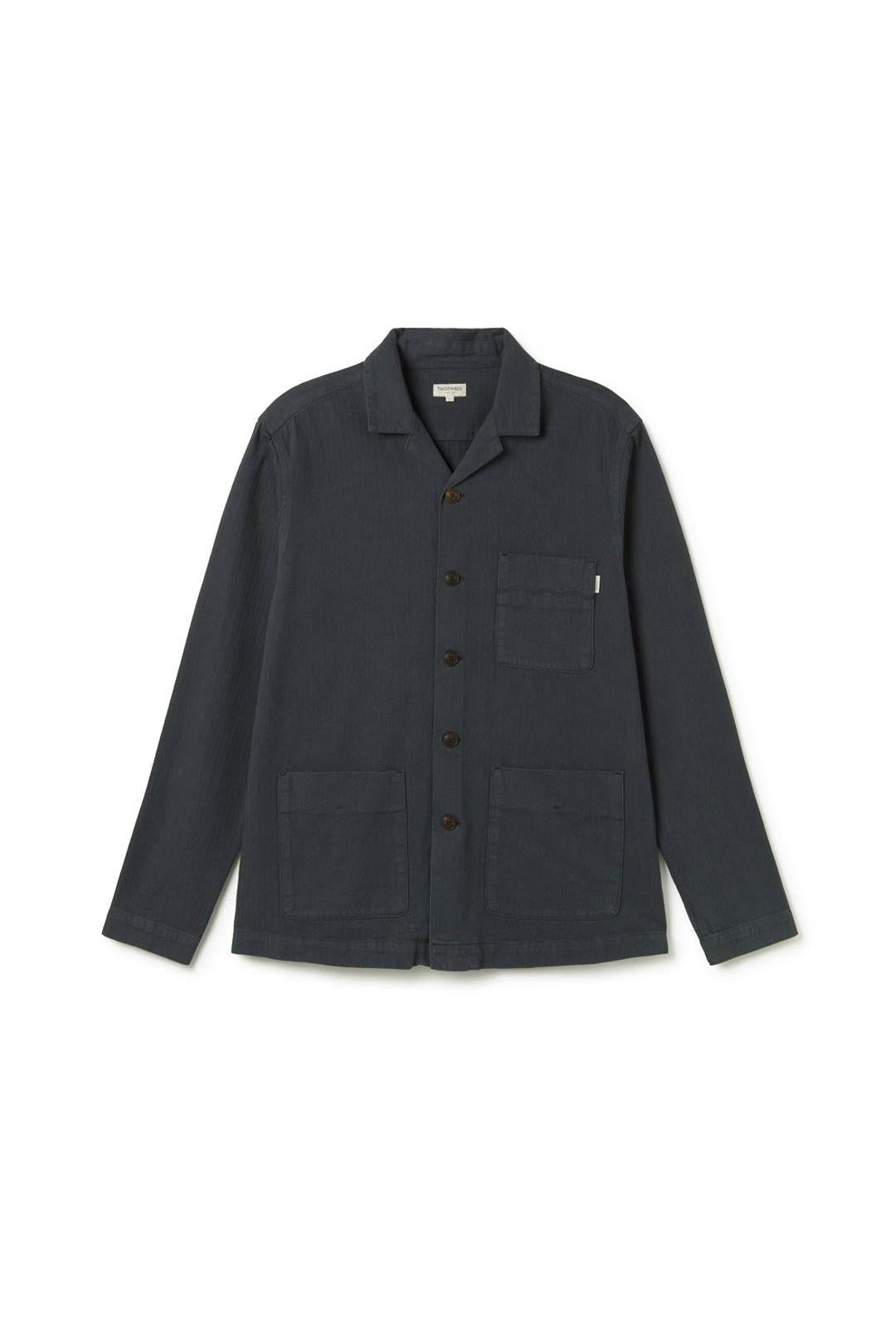 Dark gray jacket with button details on a white background