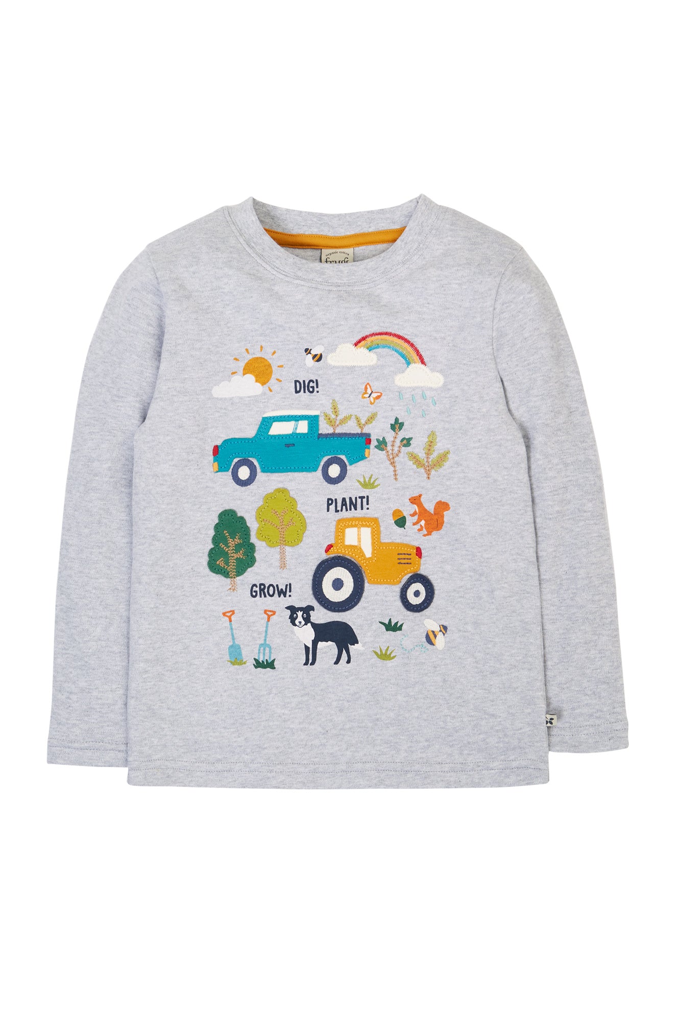 Flat lay of grey organic cotton long sleeve top with farm design 