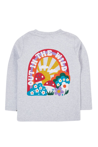 Gray organic cotton sweatshirt with colourful 'Out in the Wild' graphic on a white background