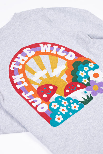 Colorful graphic design on a gray organic cotton sweatshirt with text and floral elements.