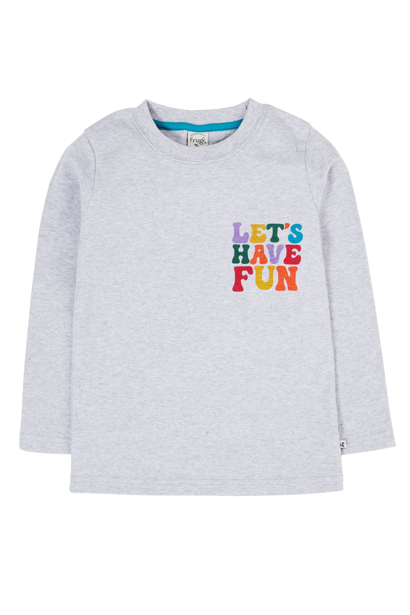 Gray long-sleeve shirt with 'Let's Have Fun' text on a white background