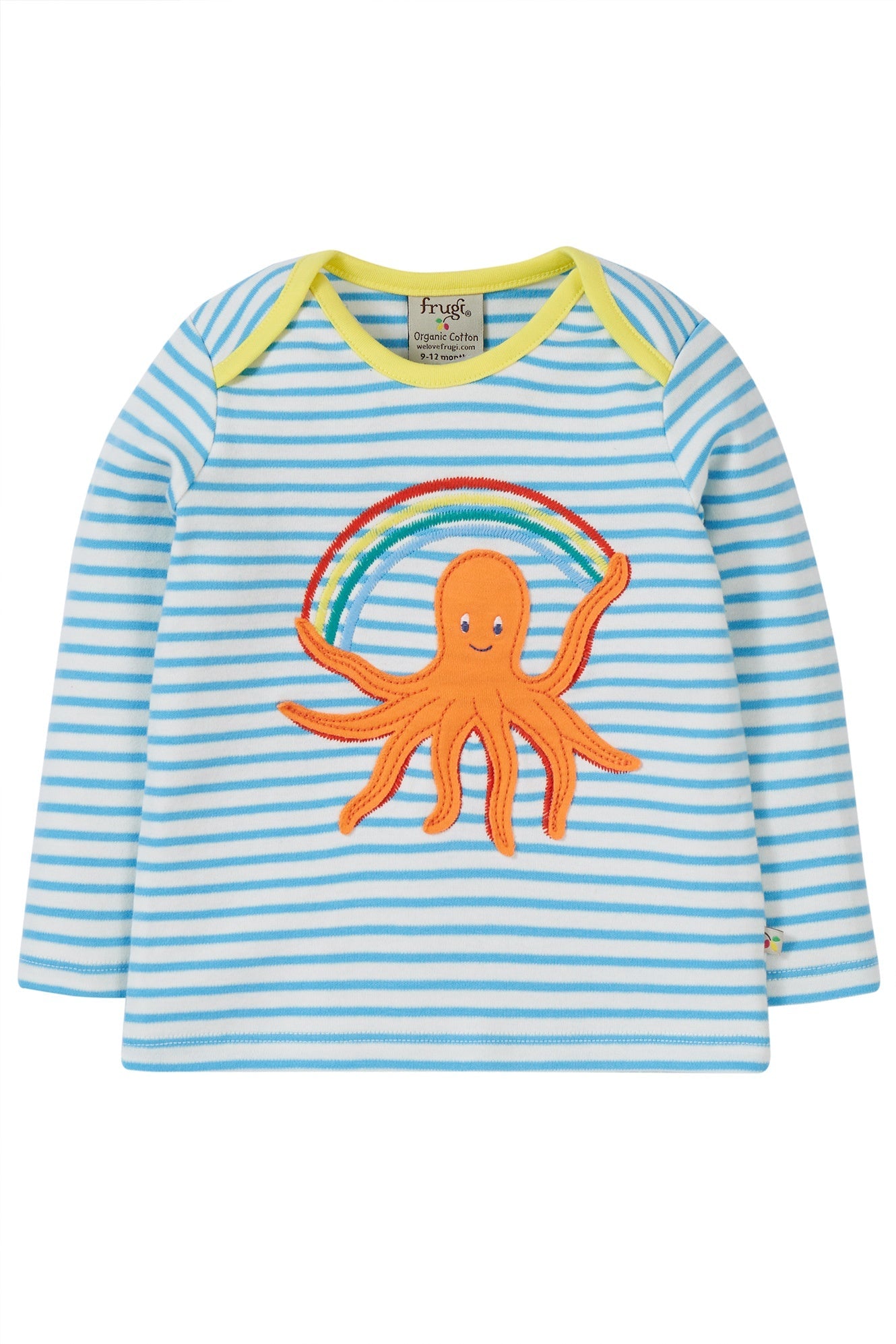 Frugi Bobby Applique Top in Beluga Blue Stripe/Octopus-Kids-Ohh! By Gum - Shop Sustainable