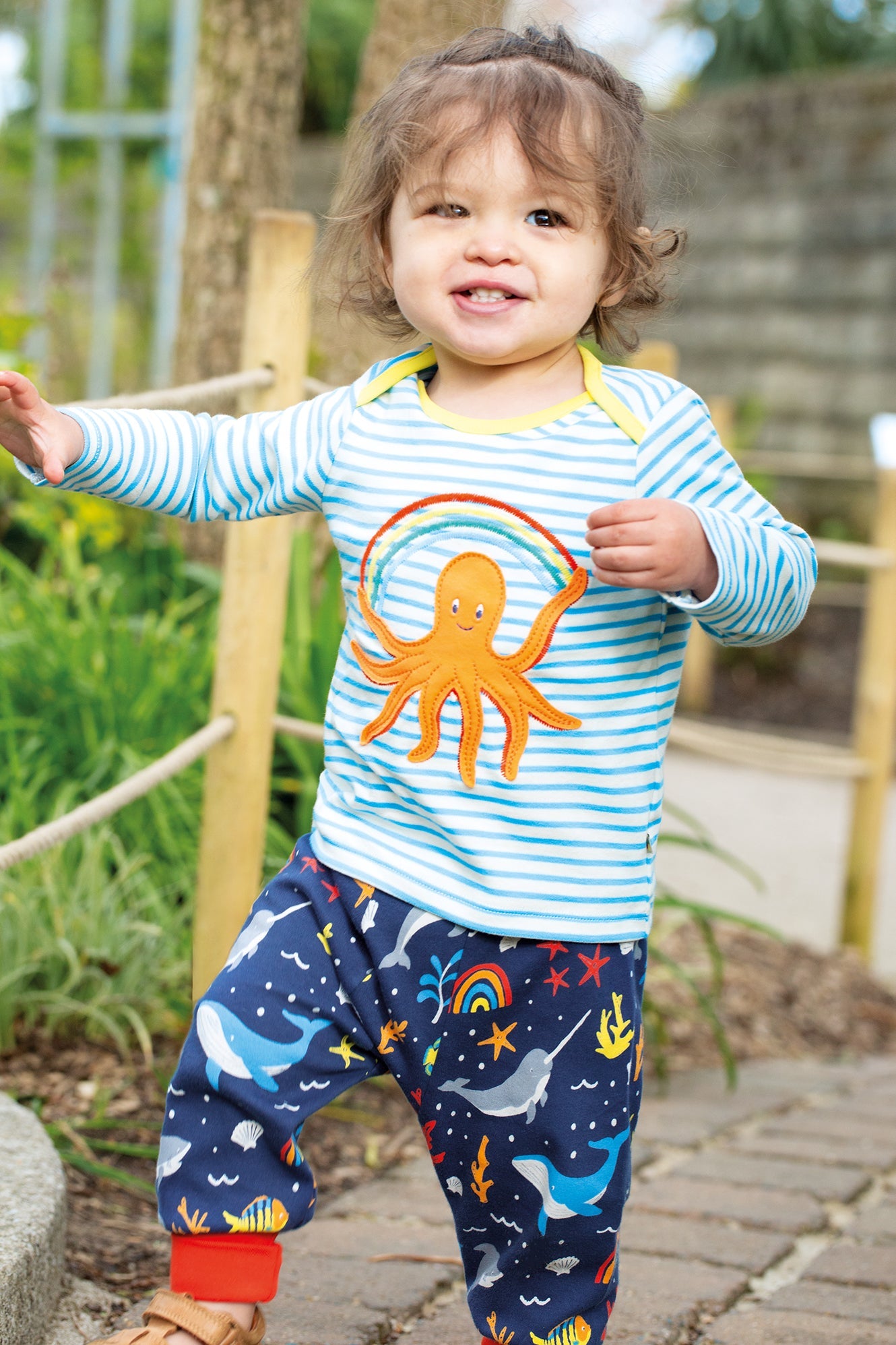 Frugi Bobby Applique Top in Beluga Blue Stripe/Octopus-Kids-Ohh! By Gum - Shop Sustainable