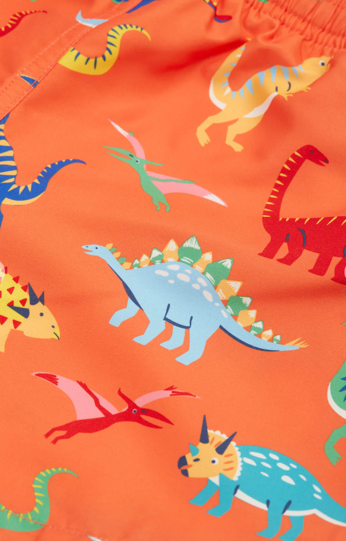 Close-up of mutlicoloured dinosaurs on Frugi board shorts.
