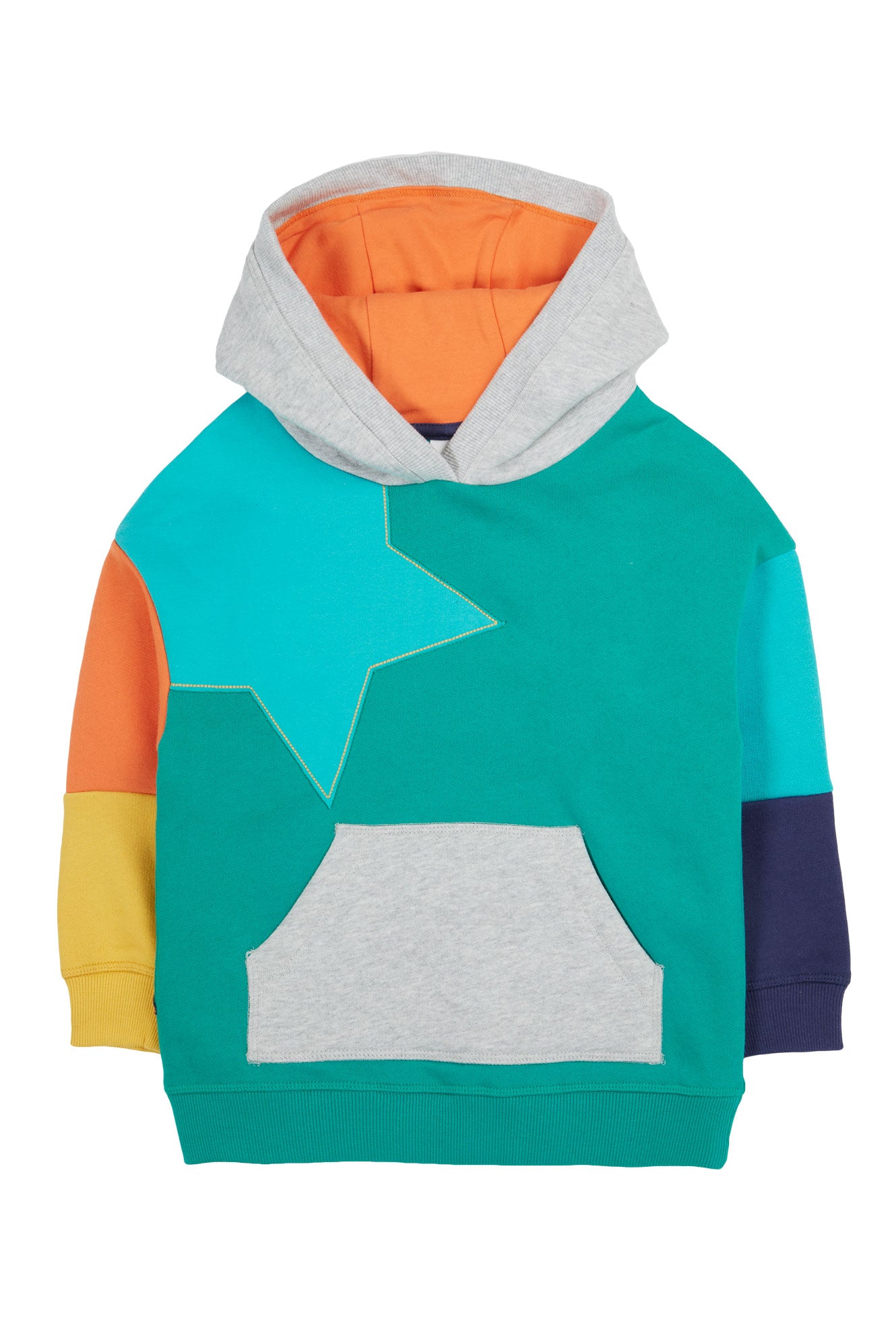 Frugi organic cotton hoodie with a retro colour-block design on a white background.
