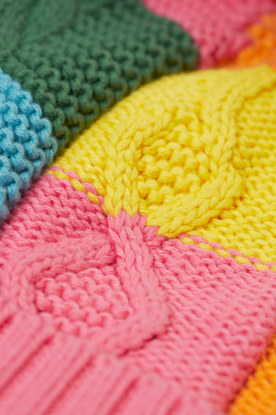 Frugi Cable Knit Bobble Hat in Rainbow Check