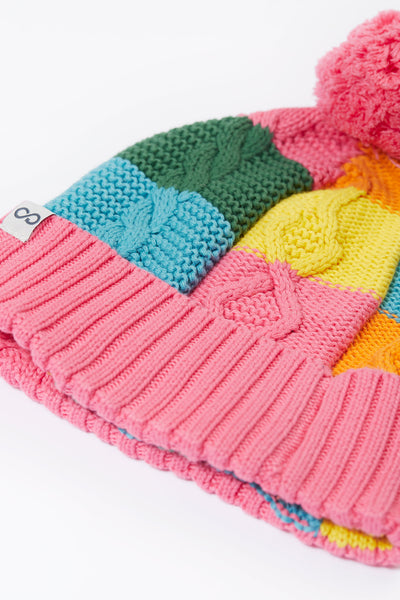 Frugi Cable Knit Bobble Hat in Rainbow Check