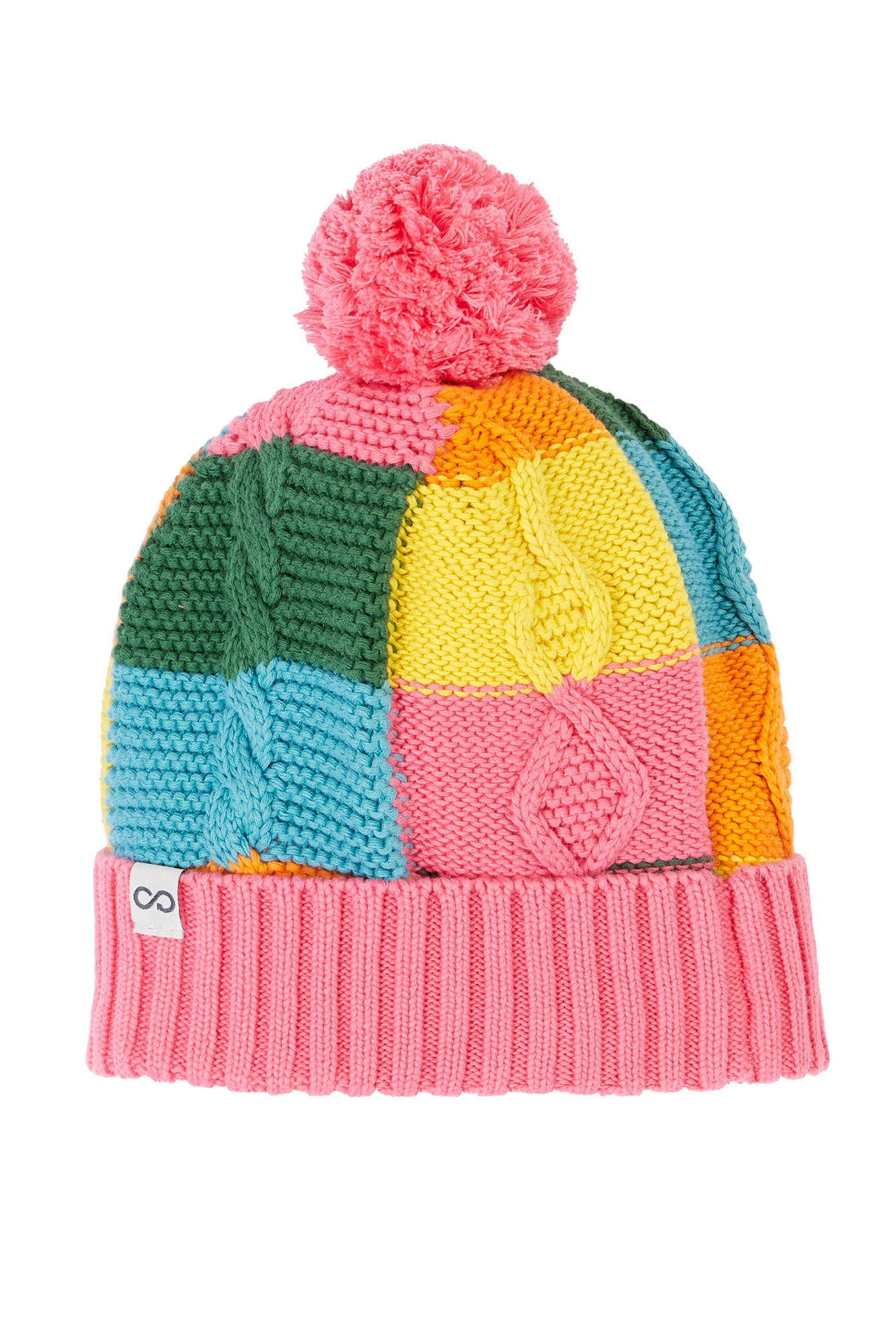 Frugi Cable Knit Bobble Hat in Rainbow Check