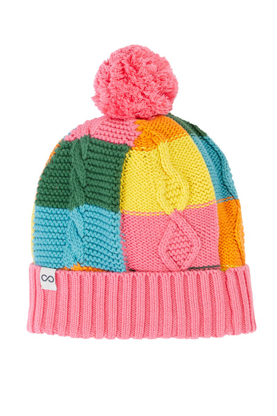 Frugi Cable Knit Bobble Hat in Rainbow Check