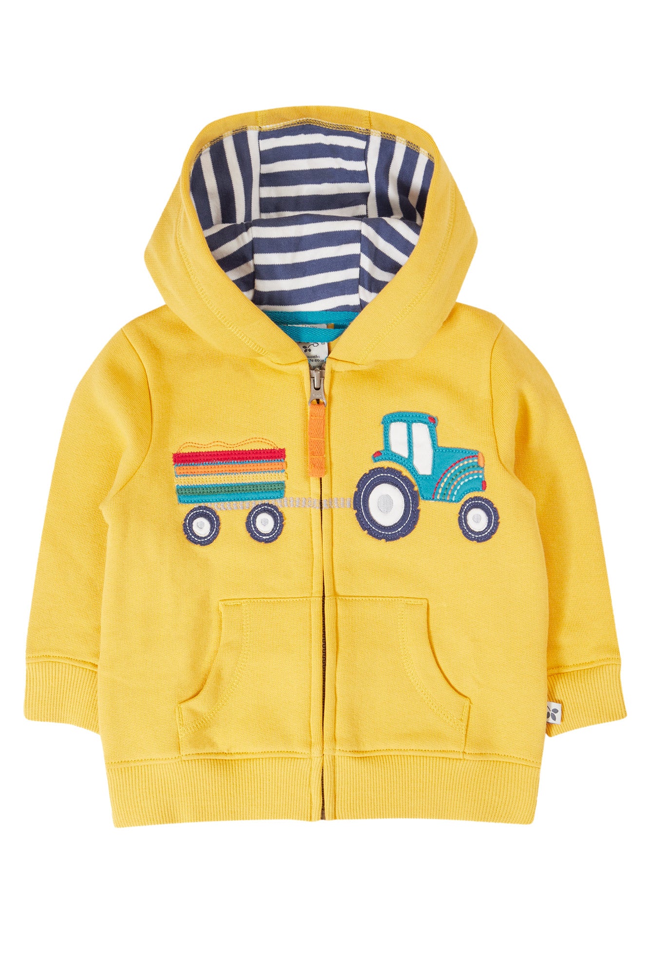 Yellow organic cotton kids hoodie with navy and white striped hoodie and tractor and trailer embroidery detail
