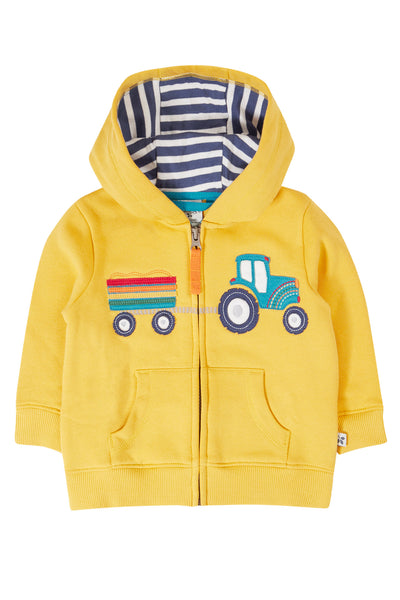 Yellow organic cotton kids hoodie with navy and white striped hoodie and tractor and trailer embroidery detail