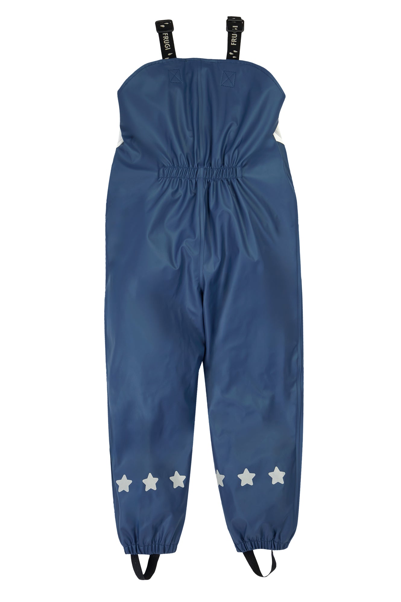 Blue children's rain pants with star patterns on a white background