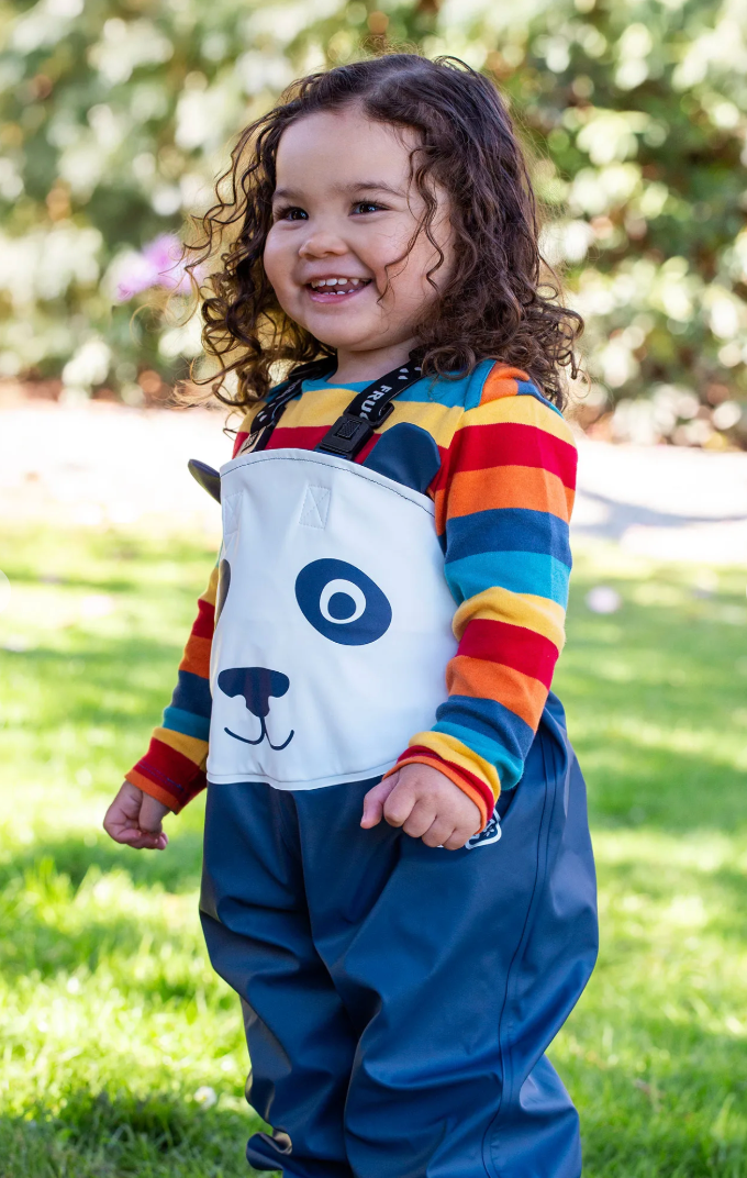 Frugi Character Puddle Buster Trousers in Navy Blue/Panda
