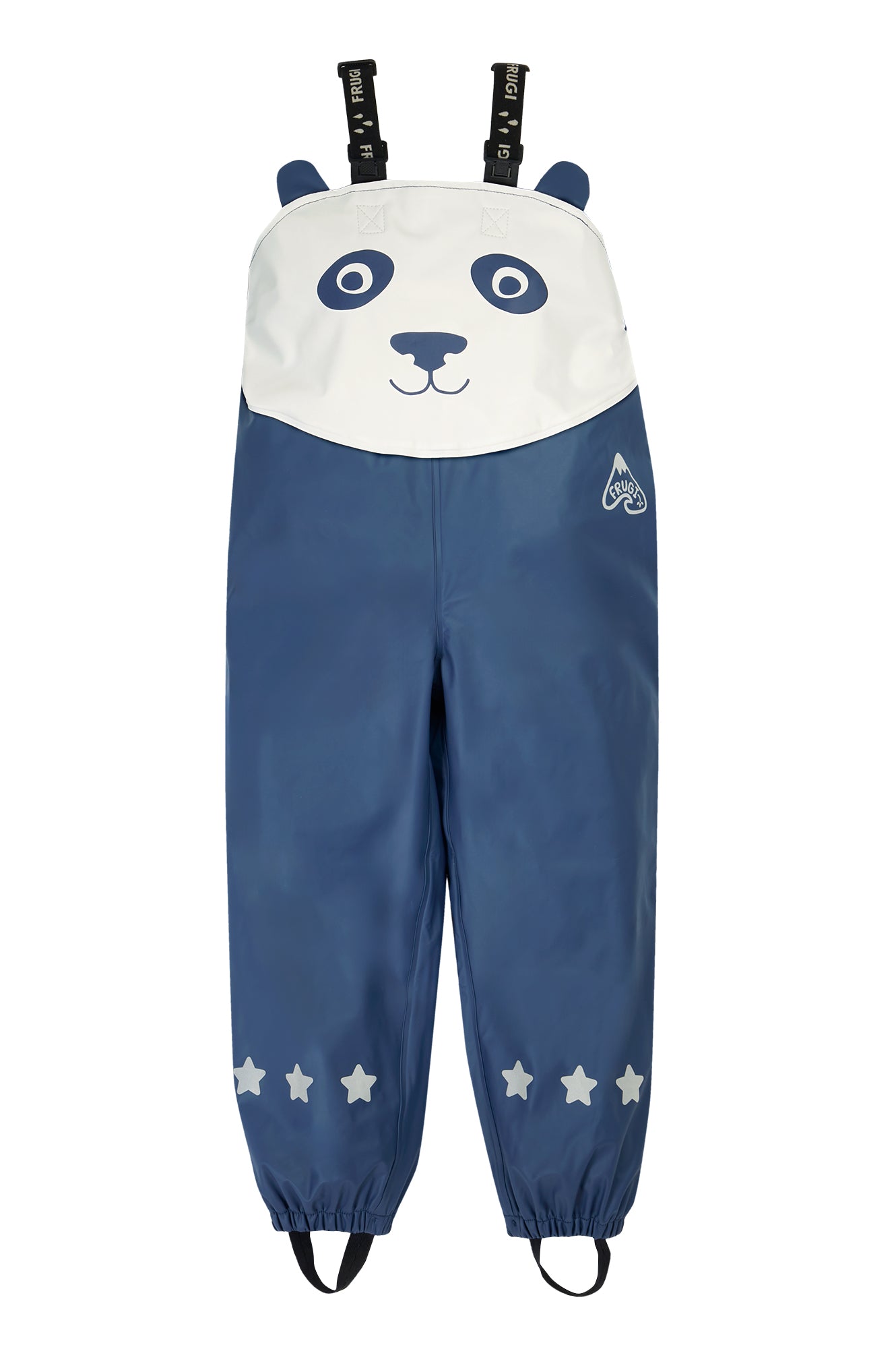 Children's panda-themed overalls with navy blue body and white face on a white background