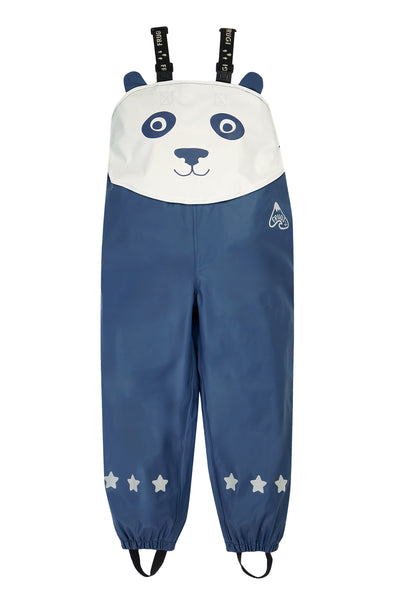 Children's panda-themed overalls with navy blue body and white face on a white background