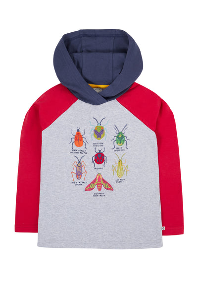 Flat lay of GOTS organic cotton hooded top with bug design, red sleeves, grey body and navy hood