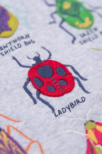 Close up of red ladybird on GOTS organic cotton hooded top 
