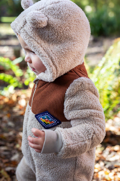 Frugi Cord Ted Snuggle Suit in Twig/Teddy Bear