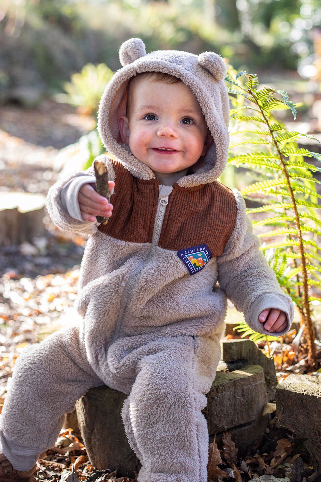Frugi Cord Ted Snuggle Suit in Twig/Teddy Bear