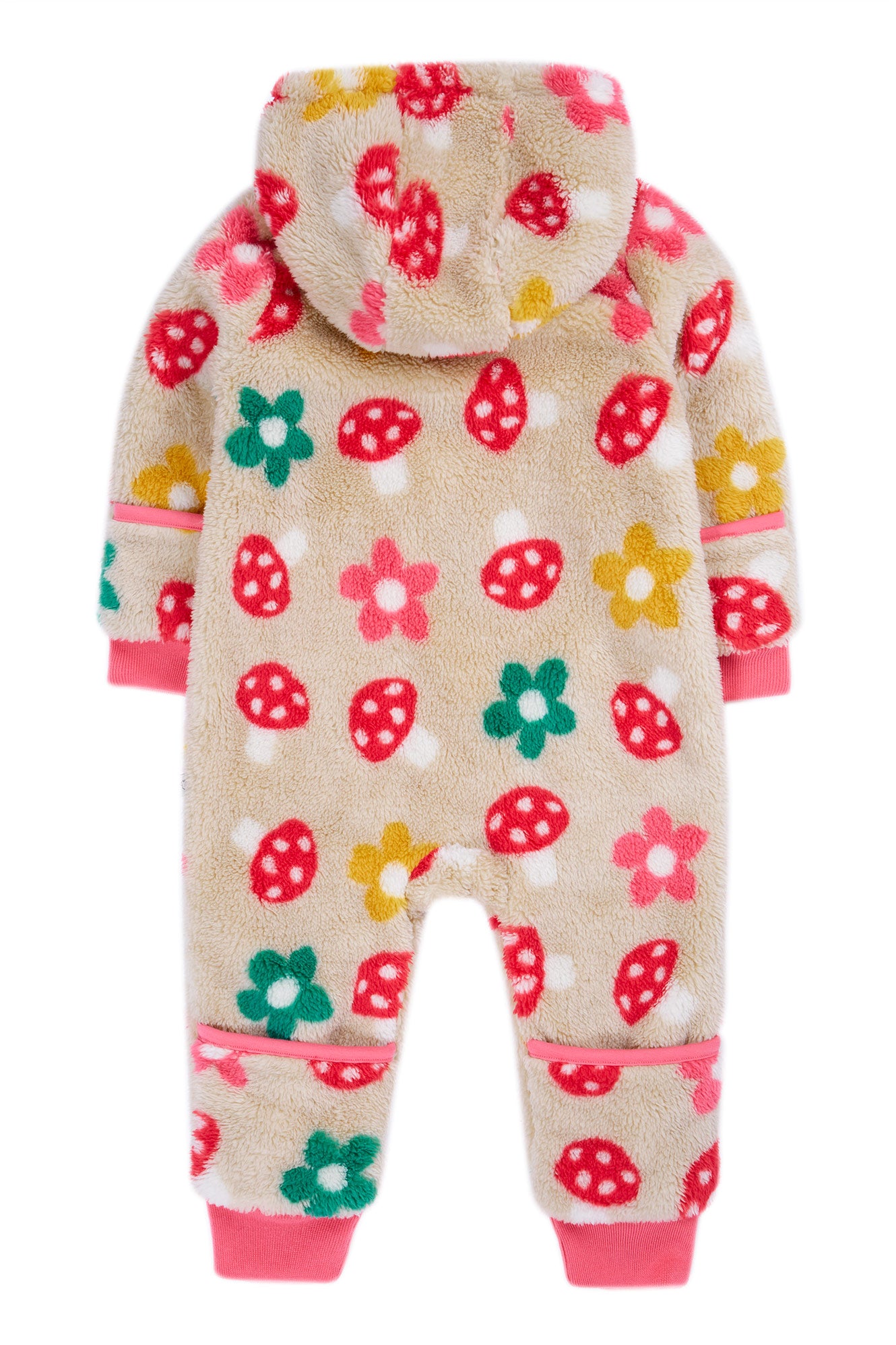 Children's Frugi onesie with colourful strawberry and flower pattern on a beige background