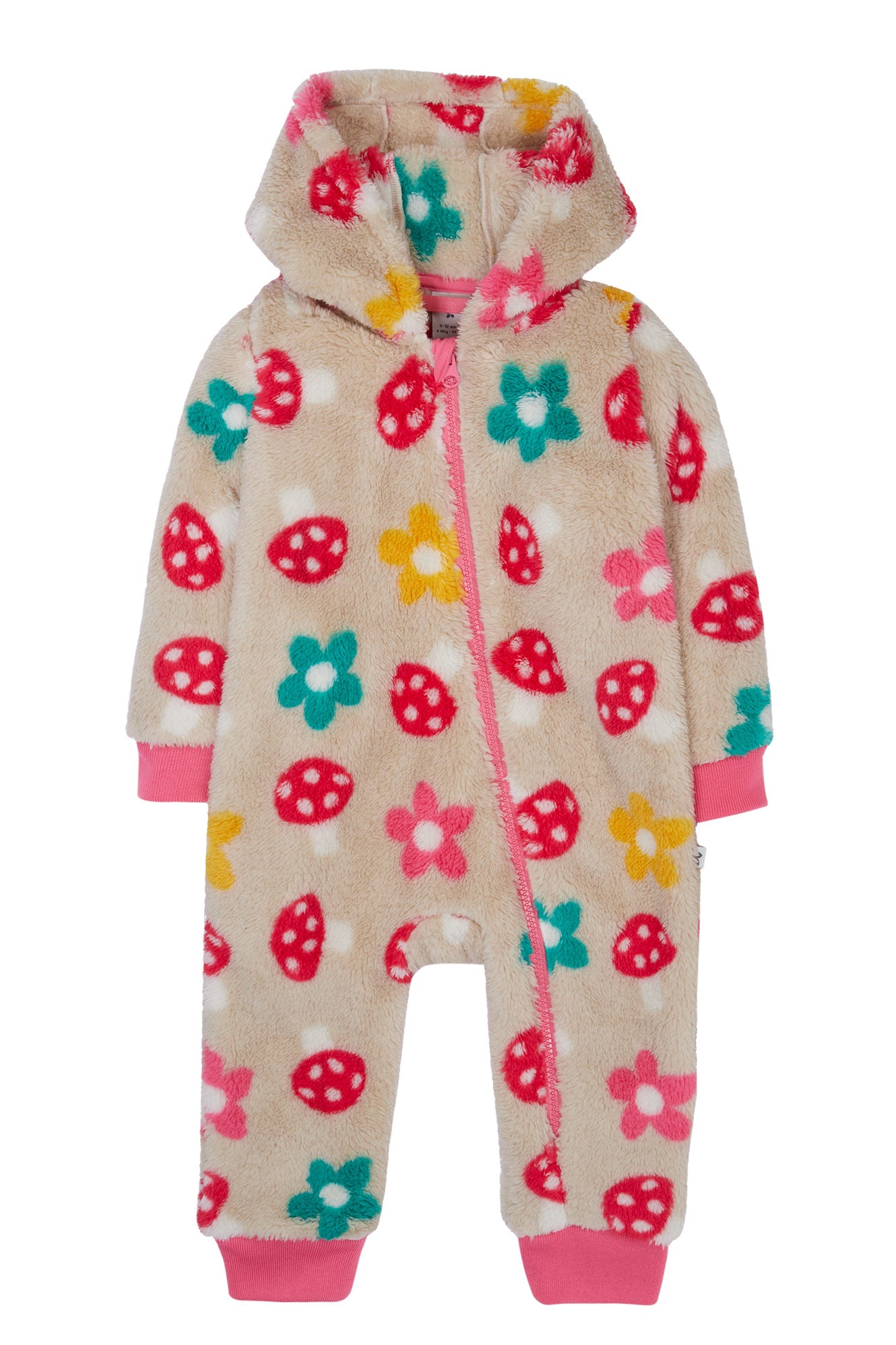 Children's onesie with colourful floral and strawberry pattern on a beige background