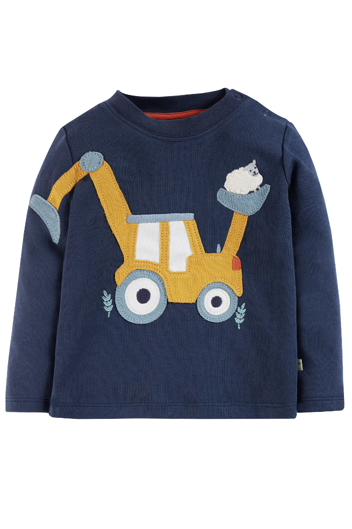 Frugi Doug Applique Top in Indigo/Tractor-Kids-Ohh! By Gum - Shop Sustainable