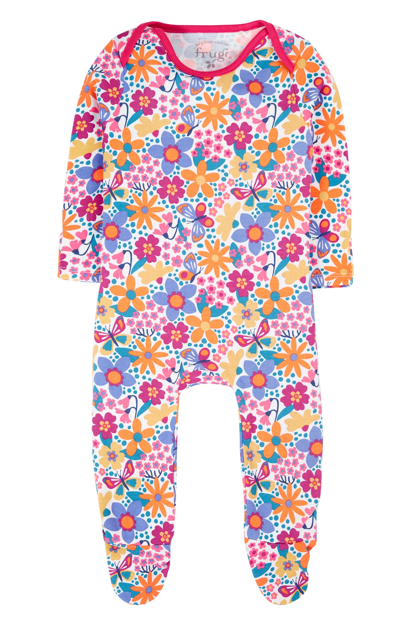 Colourful floral-patterned baby onesie on a white background