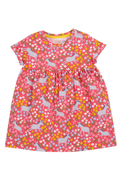 Front view of the Frugi Ellen Dress in a vibrant red with colourful donkeys, and flower illustrations.