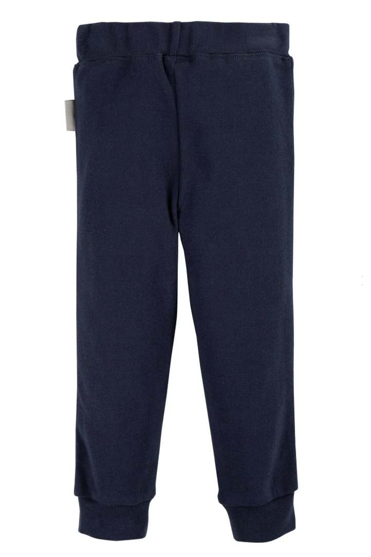 Navy blue organic cotton sweatpants on a white background